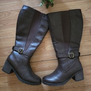 Extra Wide Calf Stretch Panel Side Zipper Knee High Boots with Block Heel, 8.5